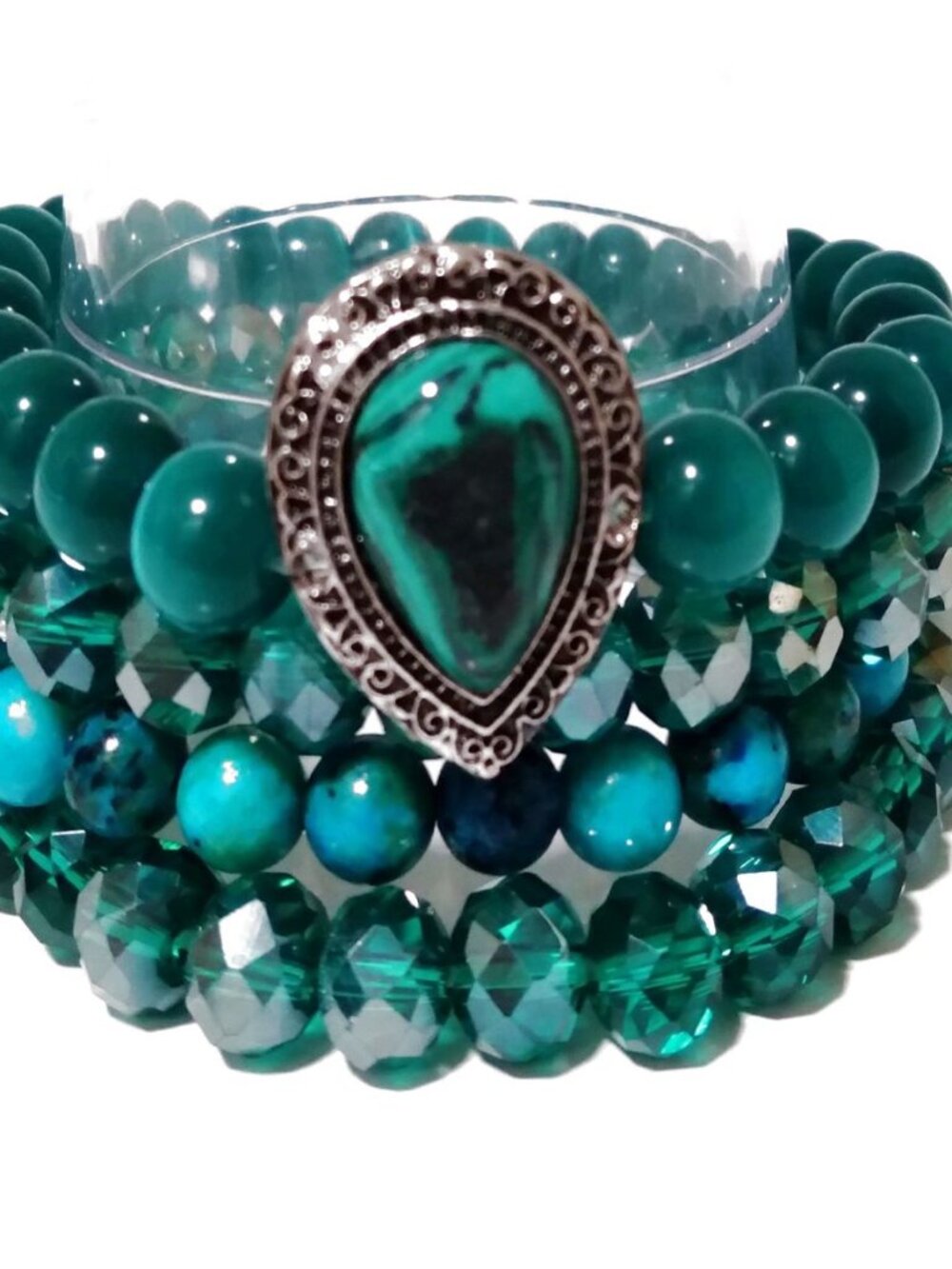 Handcrafted Green Malachite & Cateye Stretch Bracelet Stack